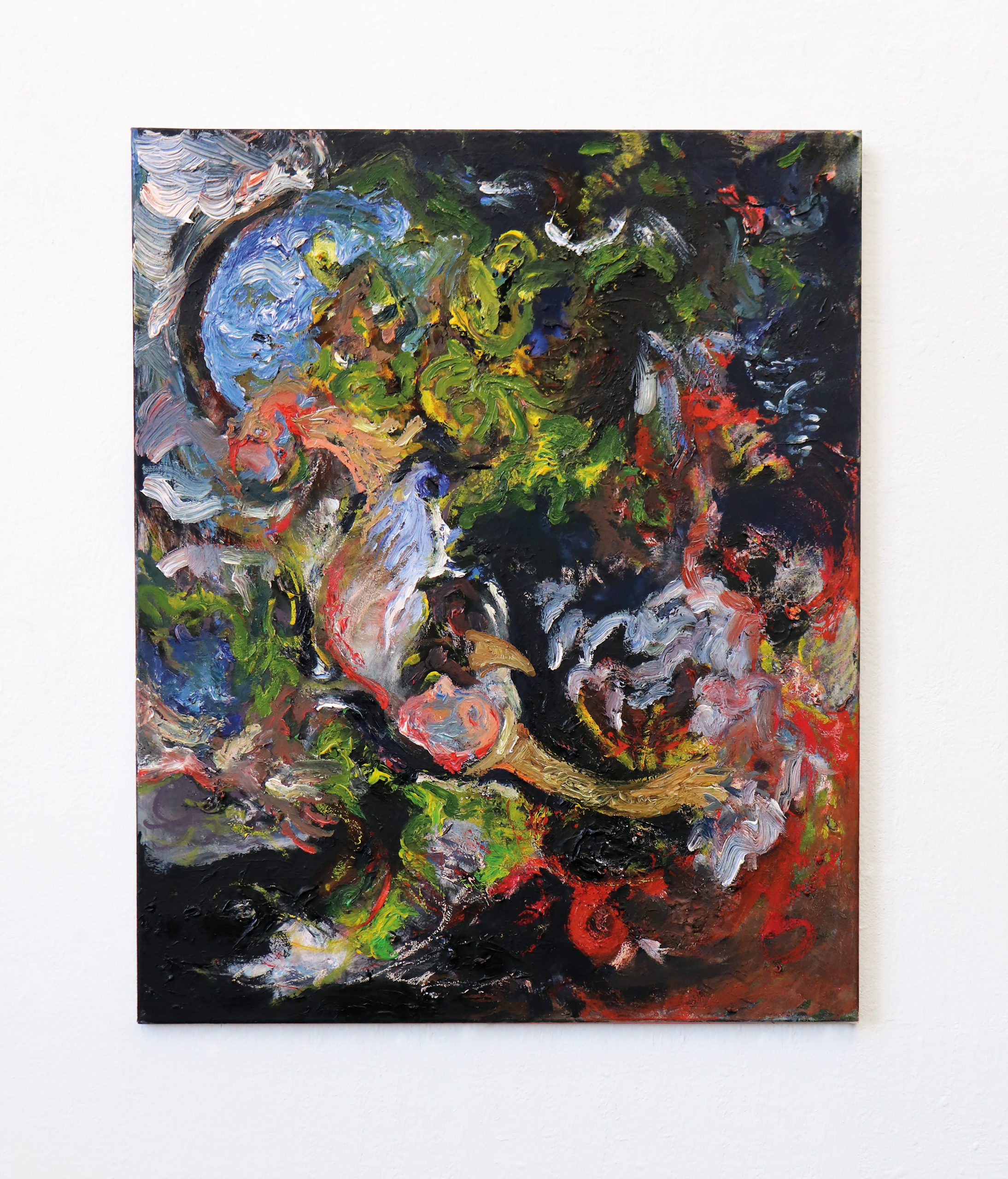 Nina Lamiel Bruchhaus – „Rooting“ 2021, Öl, Leimfarbe, Pigmente und Ölkreiden auf Nessel, 110 x 90 cm, Preis: 1.600 EUR